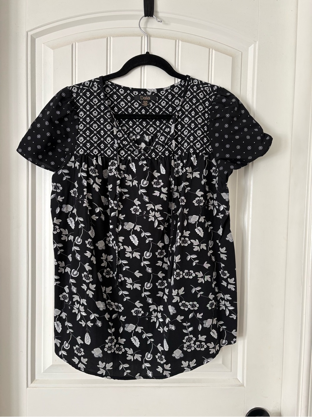 Dalia Black and White Mixed-Print Short Sleeve Blouse